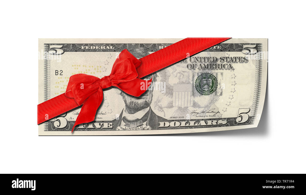 3D computer graphic, 5 dollar bill with red ribbon Stock Photo