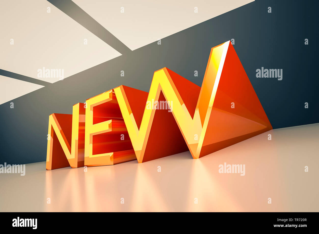 3D computer graphic, text in orange color with shadow effect reading NEW Stock Photo
