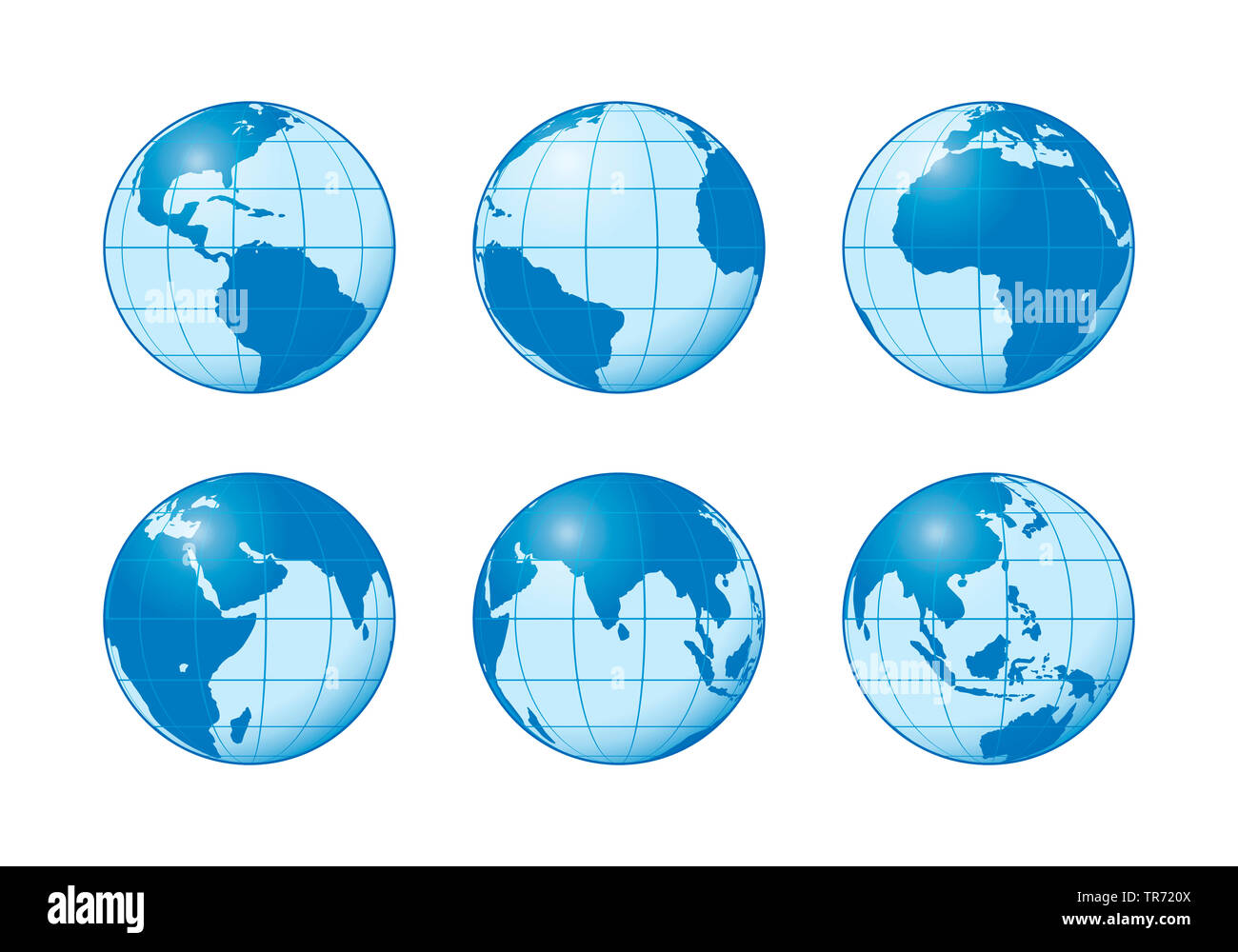 3D computer graphic, 6 globes showing different views on the continent in shades of blue Stock Photo