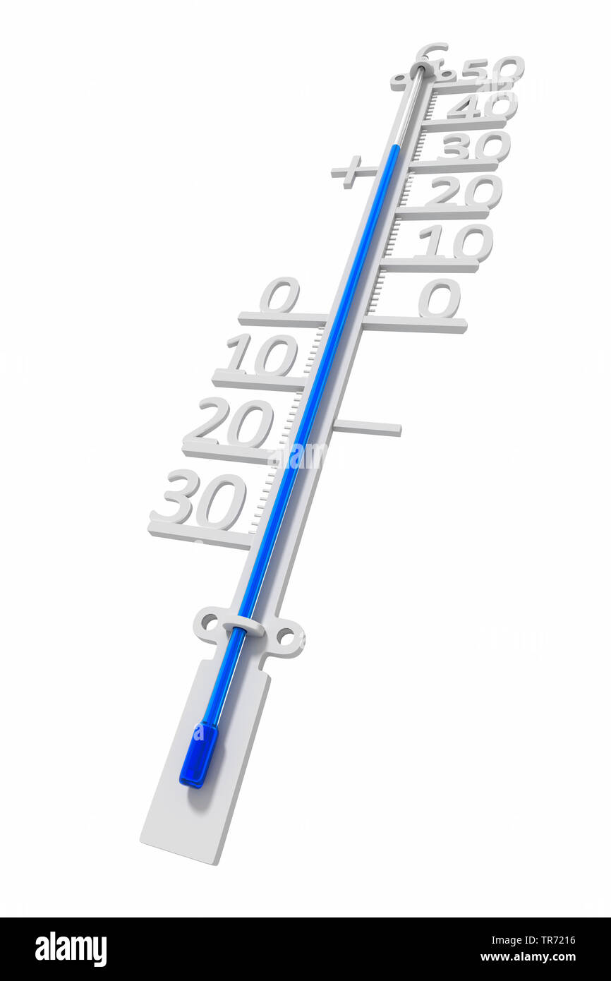 3D computer graphic, white thermometer with blue liquid indicating 30 degree Stock Photo