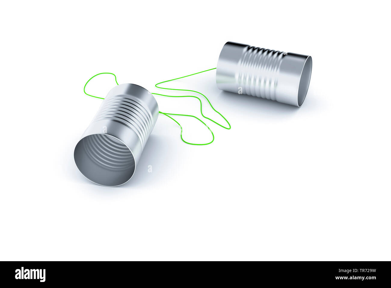 3D computer graphic, symbolic communication between two tin cans connected via cable Stock Photo