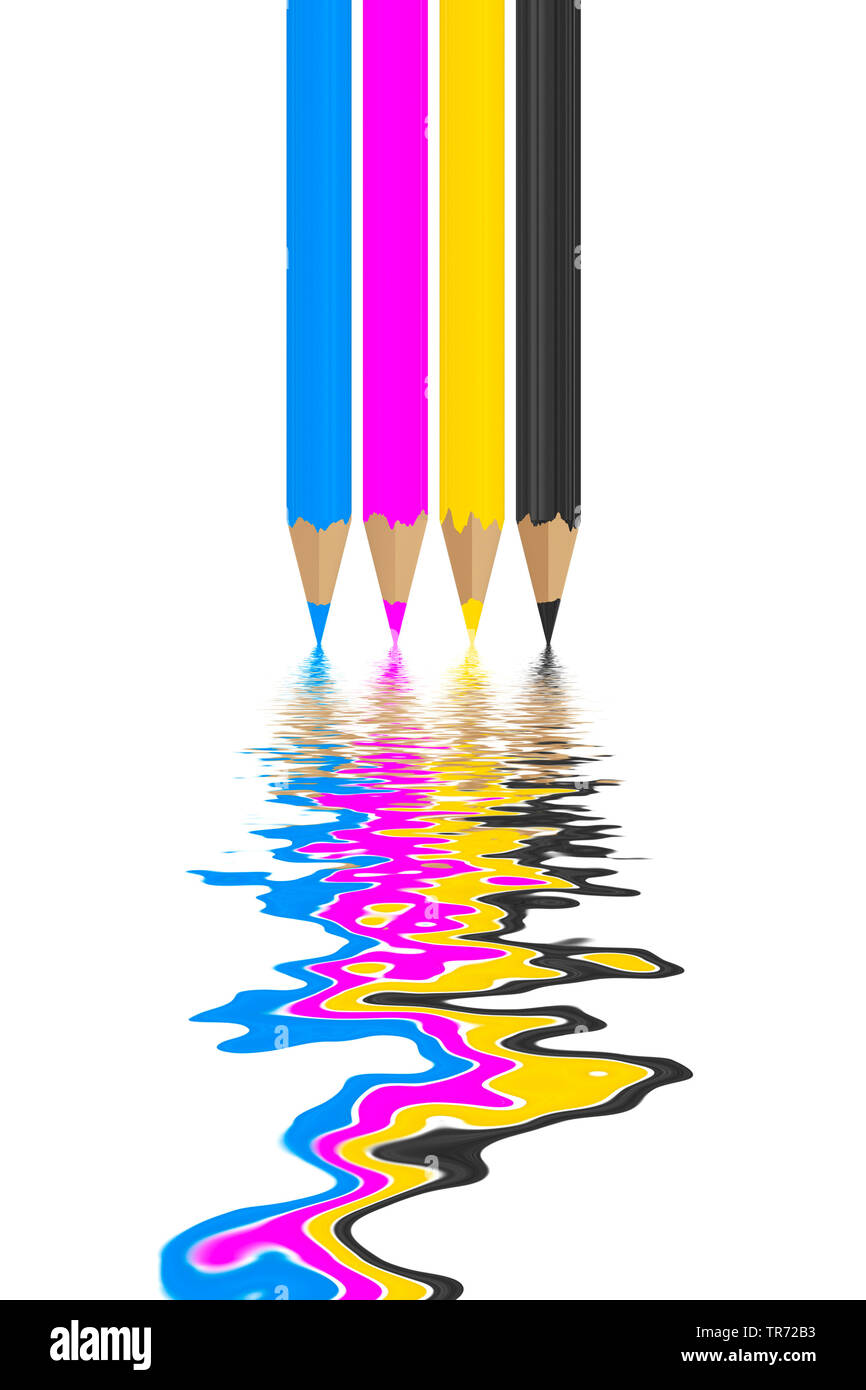 D computer graphic, CMYK (Cyan, Magenta, Yellow und Key (Black)) color model symbolised by 4 pencils Stock Photo