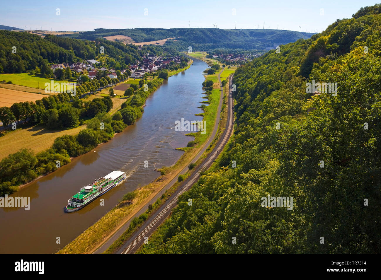 view from Weser-Skywalk to the river Weser, Germany, North Rhine-Westphalia, Weserbergland, Beverungen Stock Photo