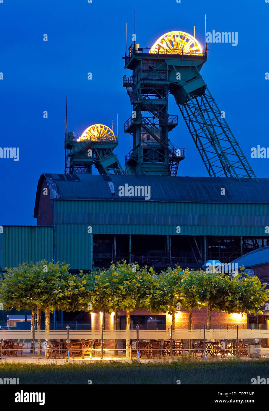 illuminated former coal mine Westfalen with event location, Germany, North Rhine-Westphalia, Muensterland, Ahlen Stock Photo