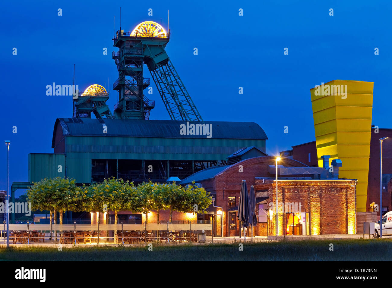 illuminated former coal mine Westfalen with event location, Germany, North Rhine-Westphalia, Muensterland, Ahlen Stock Photo
