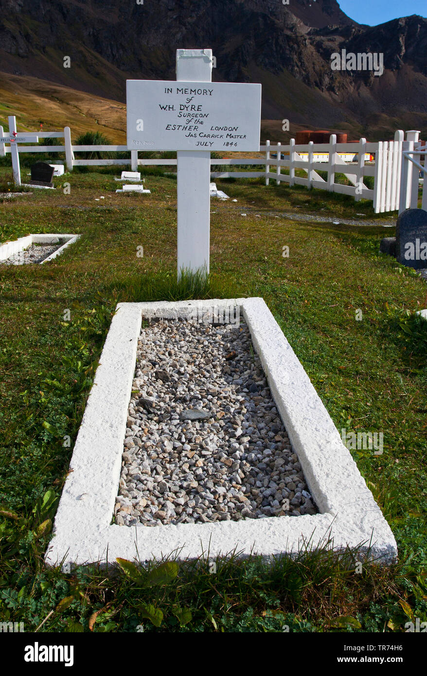 W. H. Dyre grave in Grytviken, Suedgeorgien, Grytviken Stock Photo