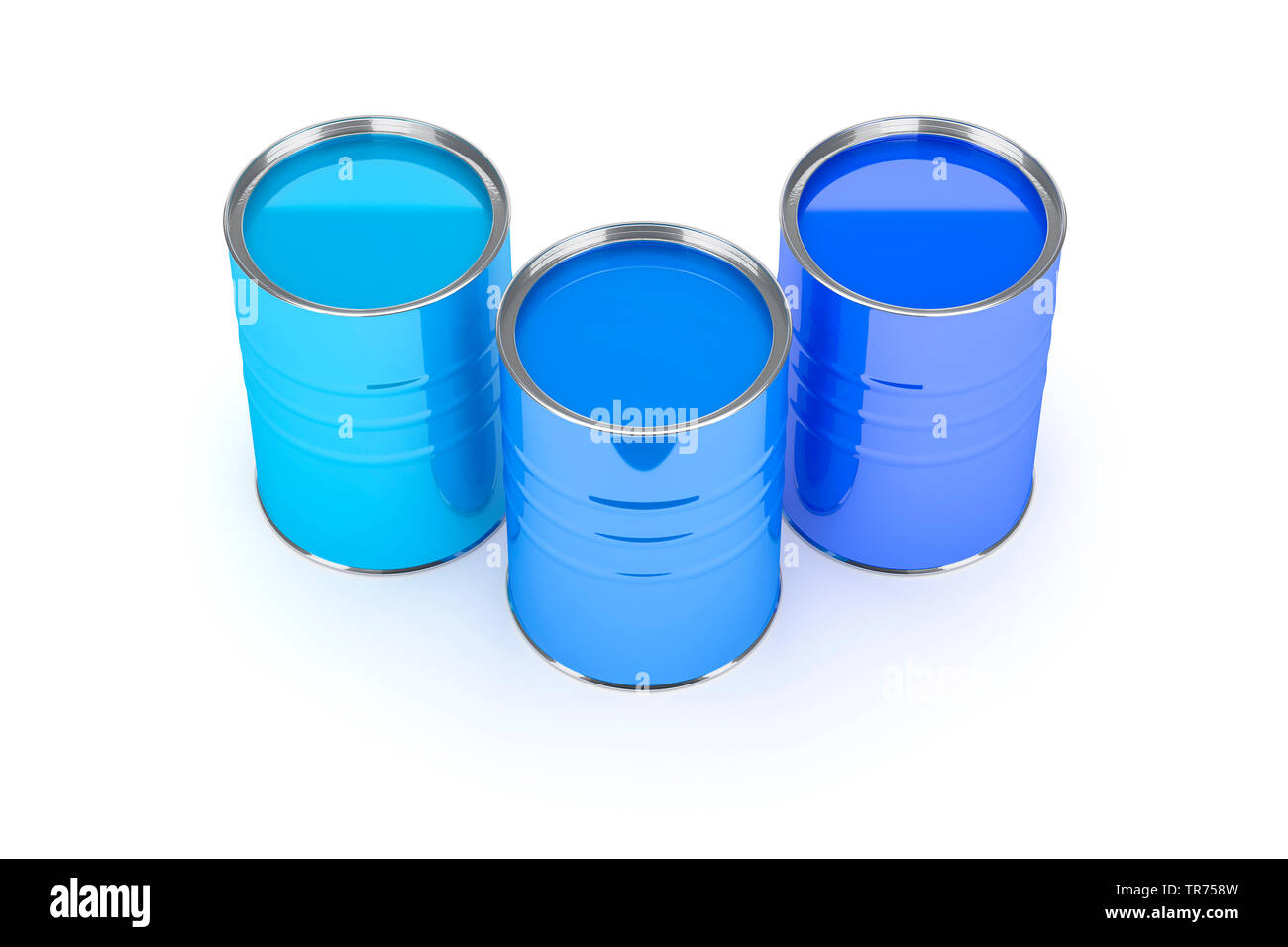 3D computer graphic, three paint tins with different shades of blue