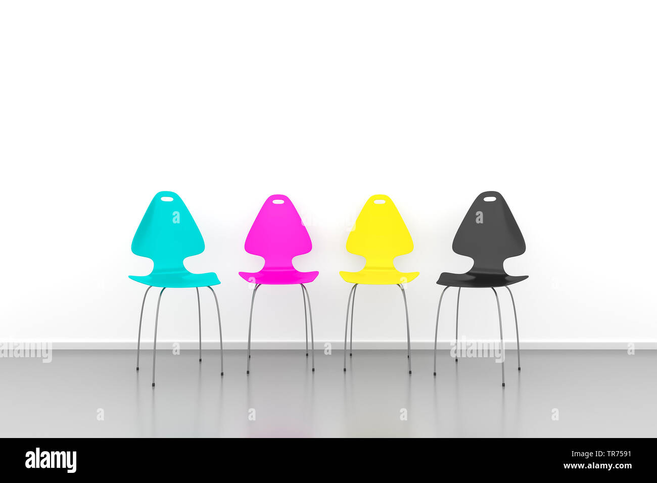 3D computer graphic, symbolic stacking chairs in the CMYK (Cyan ...