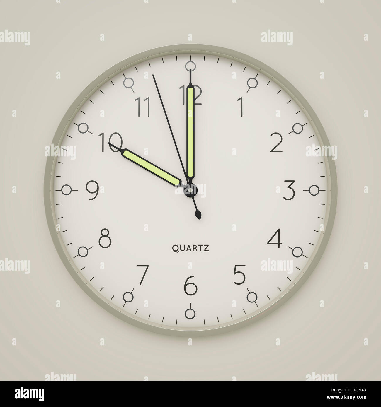 white clock against grey background, just before 10 o'clock Stock Photo