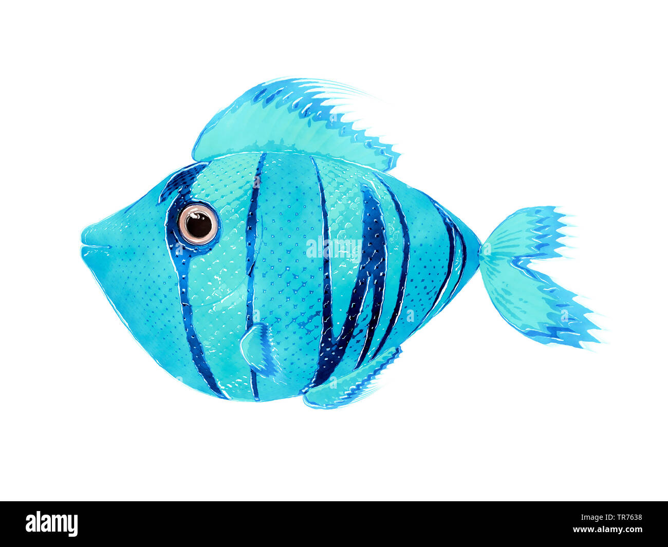 2D illustration cartoon of a blue fish Stock Photo