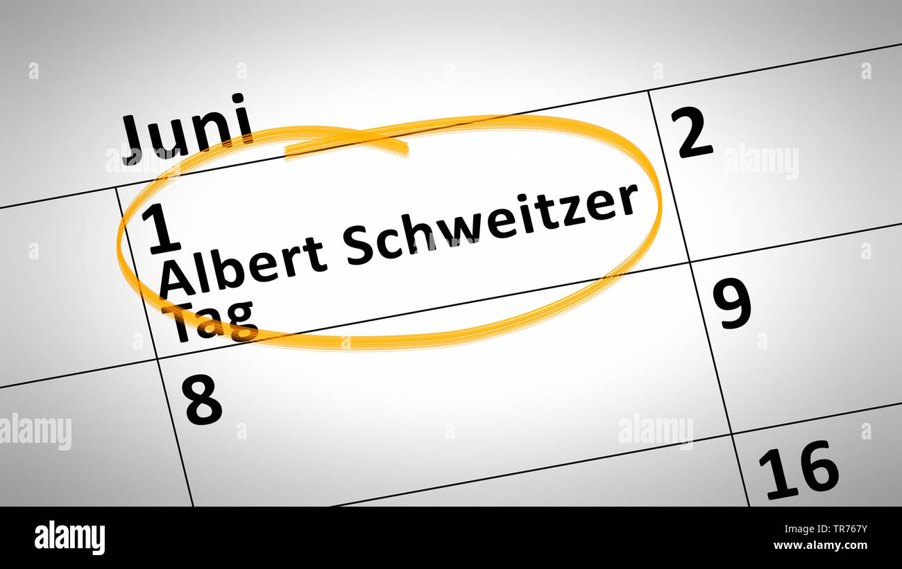 calendar detail shows Albert Schweitzer day first of june in german