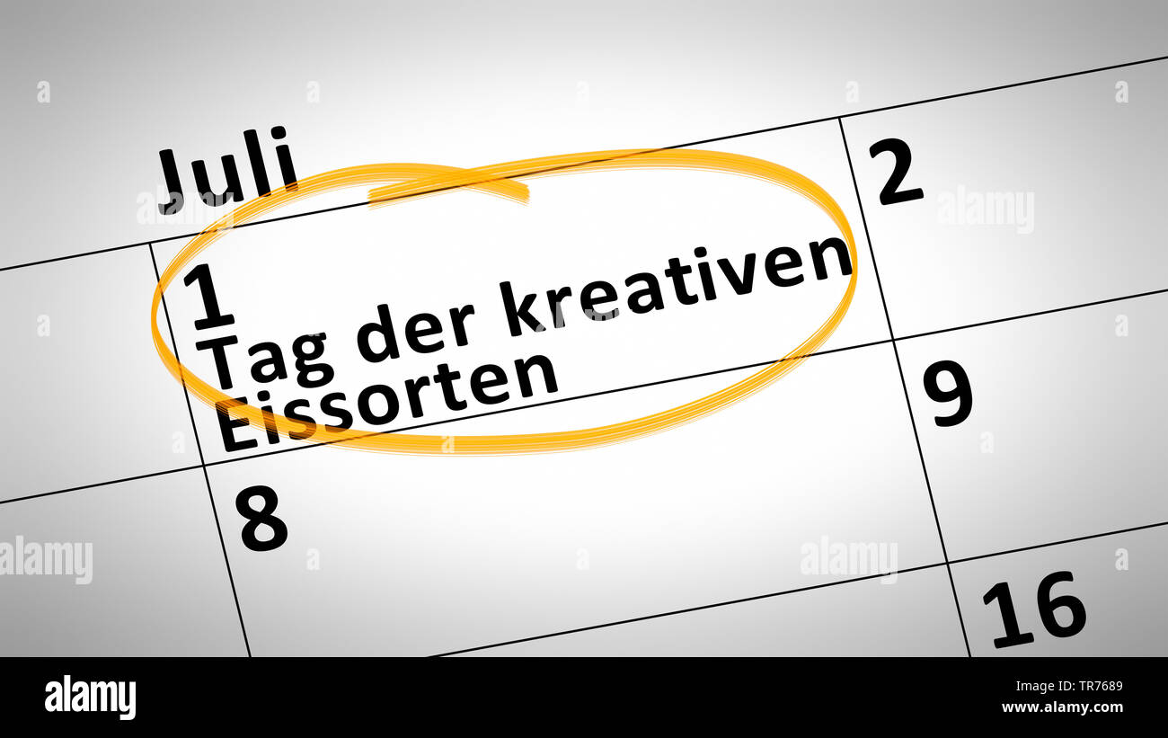 calendar detail shows day of creative ice cream first of July in german