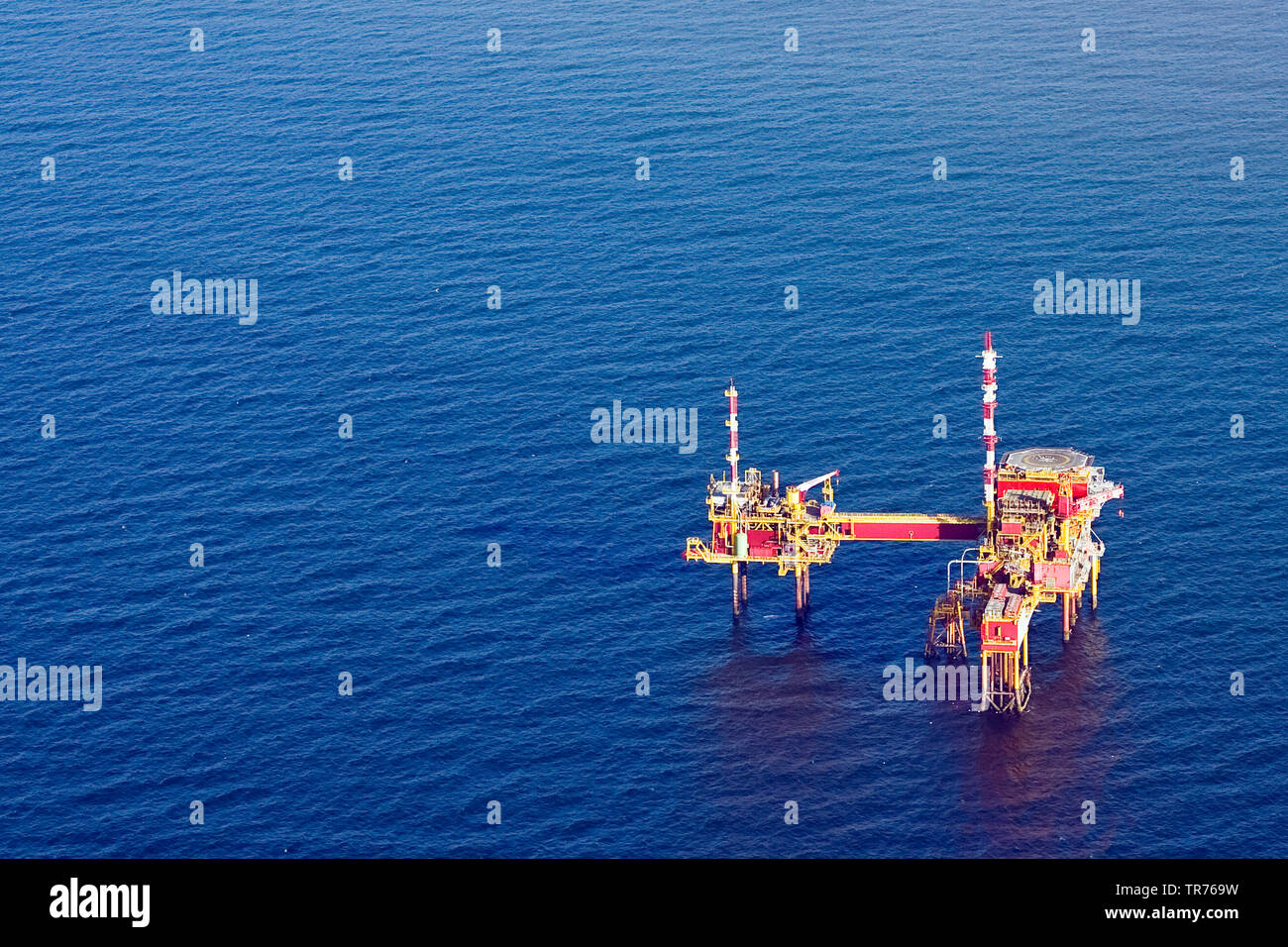 oilbarge rig in the North Sea, aerial photo, Netherlands Stock Photo