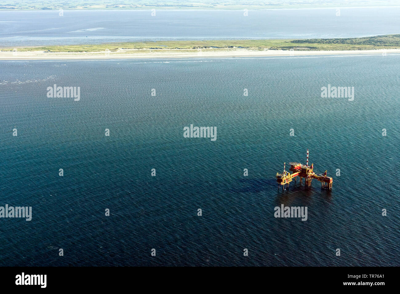 oilbarge rig in the North Sea, aerial photo, Netherlands Stock Photo