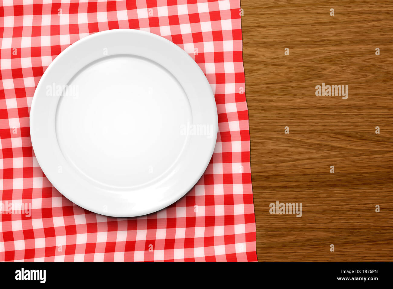 empty plate on a white-red chequered tablecloth, Germany, Bavaria Stock Photo