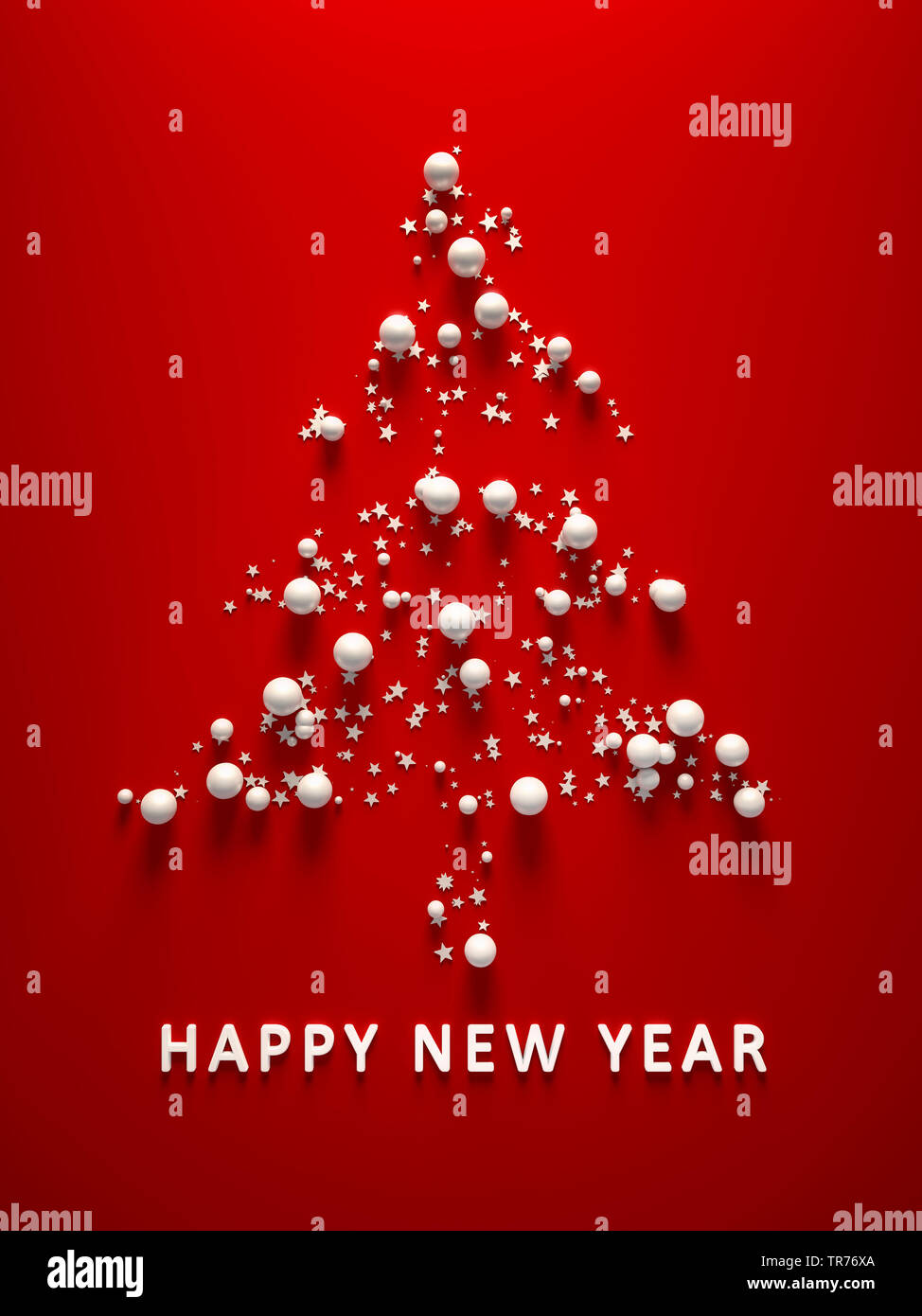 Christmas card in red color with symbolic Christmas tree out of stars and balls lettering HAPPY NEW YEAR Stock Photo