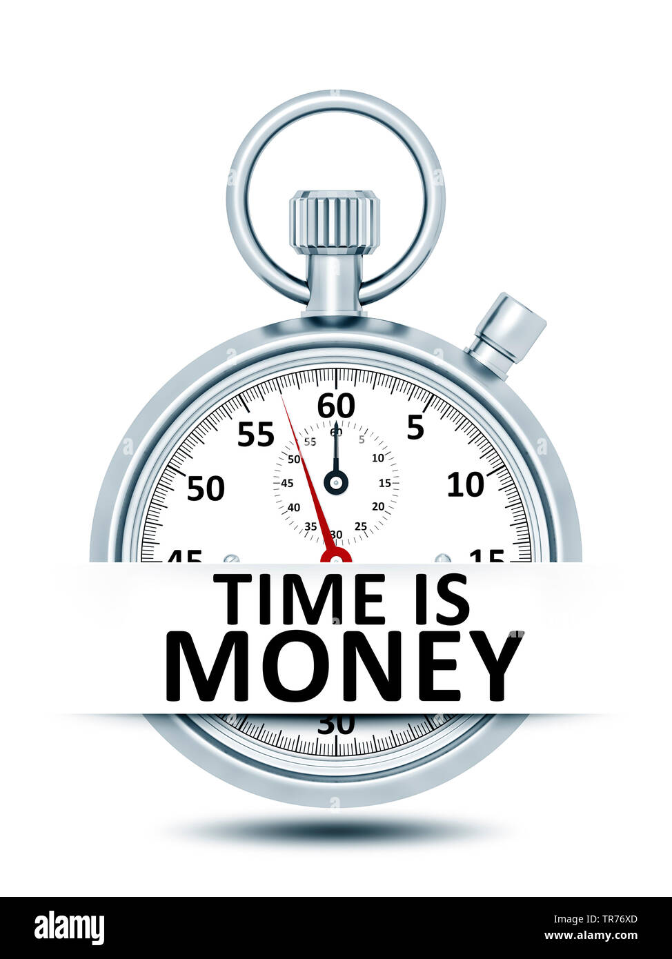 3D computer graphic, stopclock against white background lettering TIME IS MONEY Stock Photo