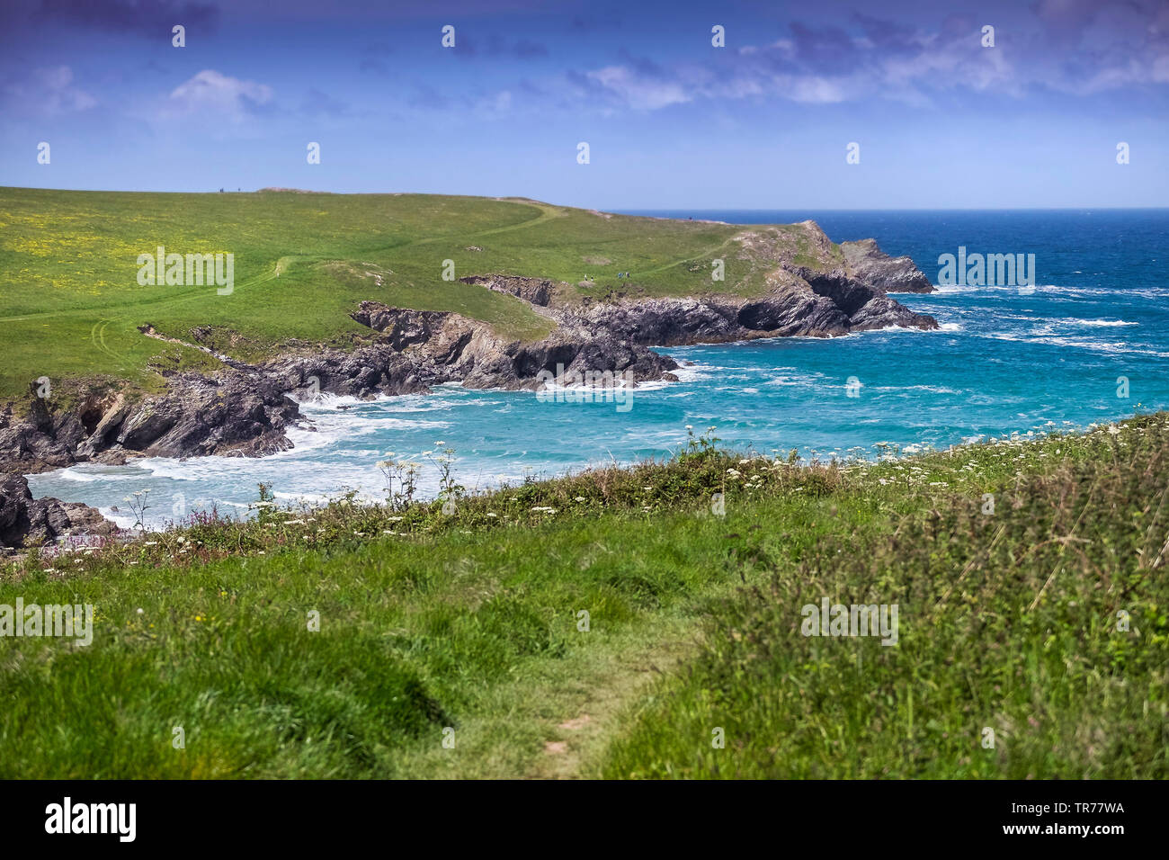 The secluded and rugged coast around Polly Porth Joke in Newquay in Cornwall. Stock Photo