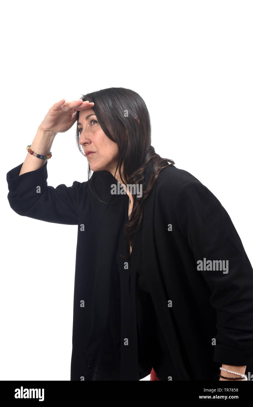 woman with hand in front looking away on white background Stock Photo