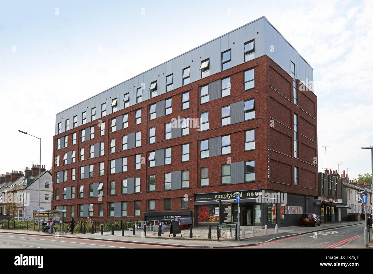 Berkshire House, Reading, UK. An office block remodelled to provide student accommodation. Work included recladding the building with brick slips. Stock Photo