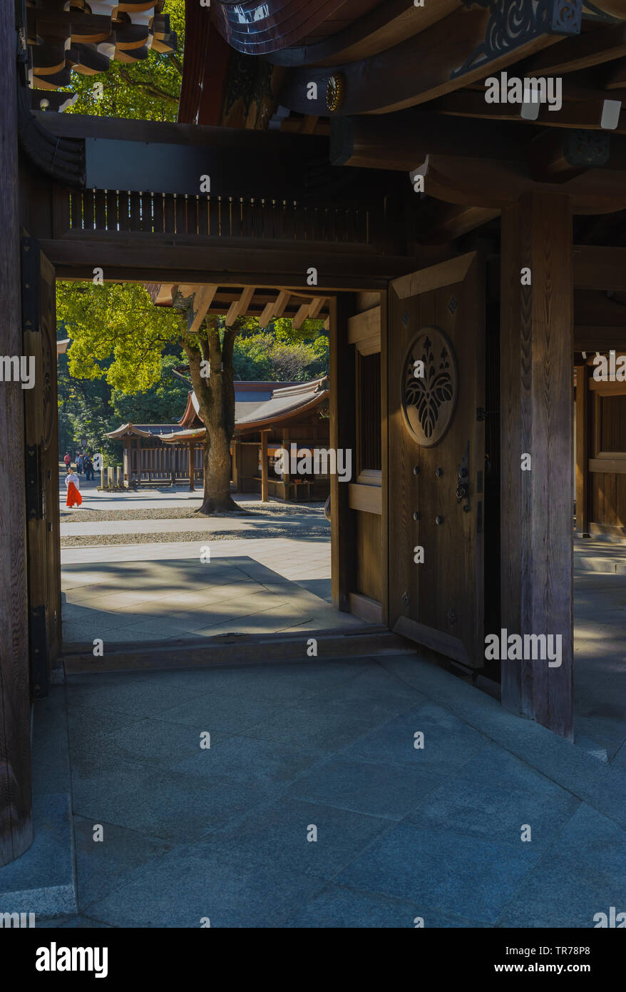 Entrence are of Meiji Shrines (Meiji-Jingu) mein building or inner district of shrine with high contrast from harsh sunlight, Japan October 2018 Stock Photo