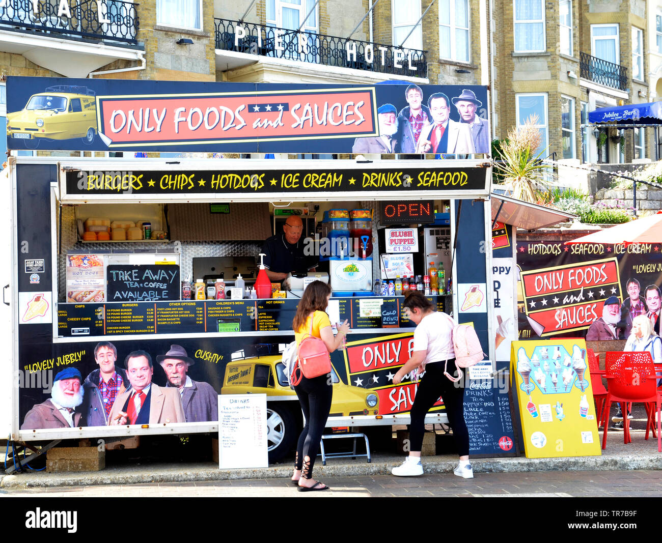 The Only Foods and Sauces café on the seafront at Sandown on the Isle of Wight. The name is a parody of the tv series Only Fools and Horses. Stock Photo