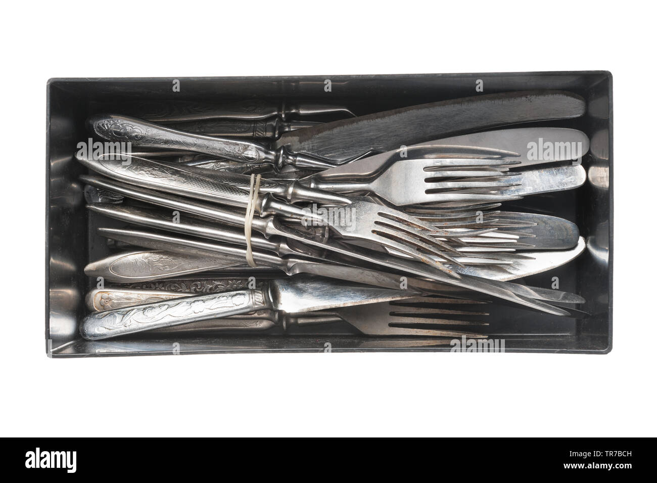 set of retro forks and knives on box isolated on white background Stock Photo Alamy