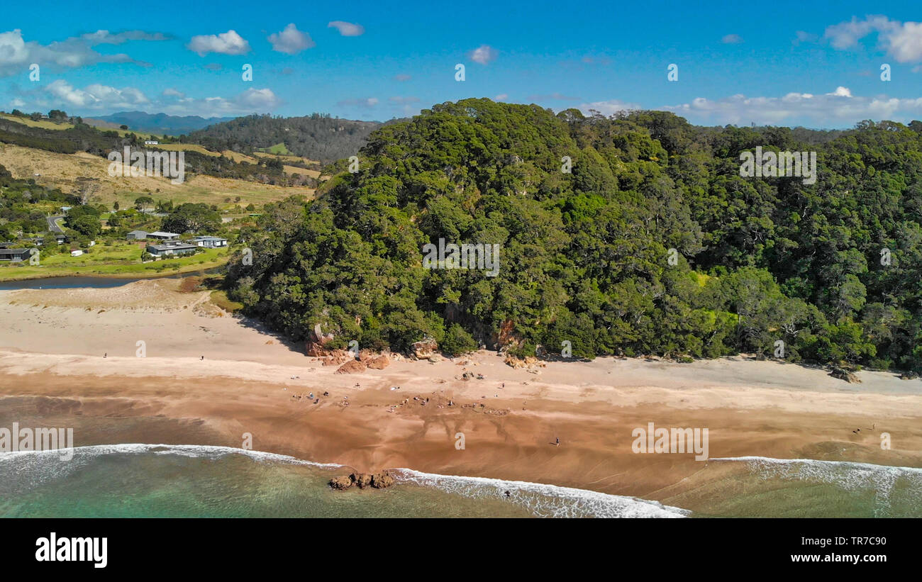 Aerial overhead view of Hot Water Beach and coastline, New Zealand. Stock Photo