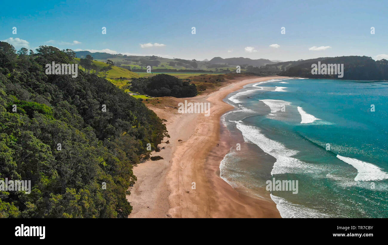 Hot Water Beach aerial view on a beautiful sunny day, New Zealand. Stock Photo