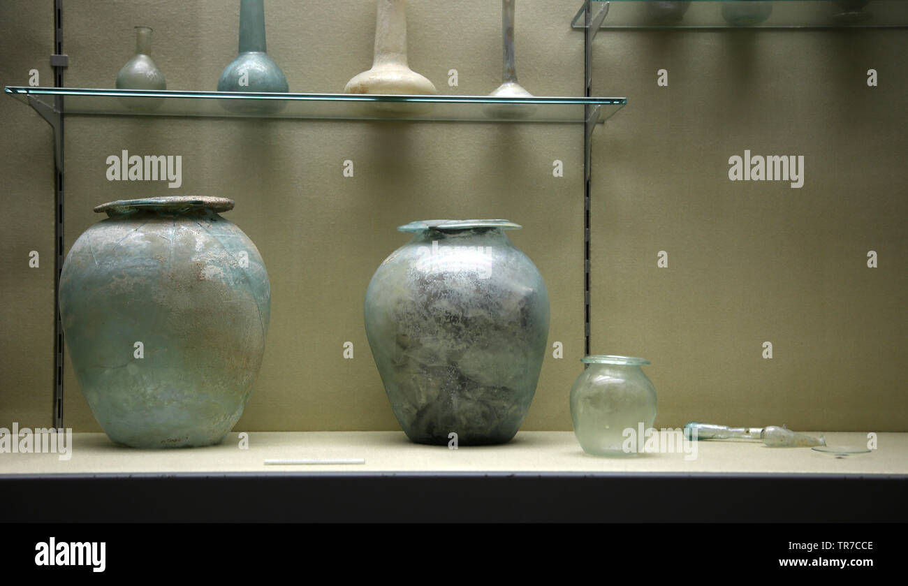Roman glass.. Archaeological Museum of Seville. Andalusia. Spain. Stock Photo