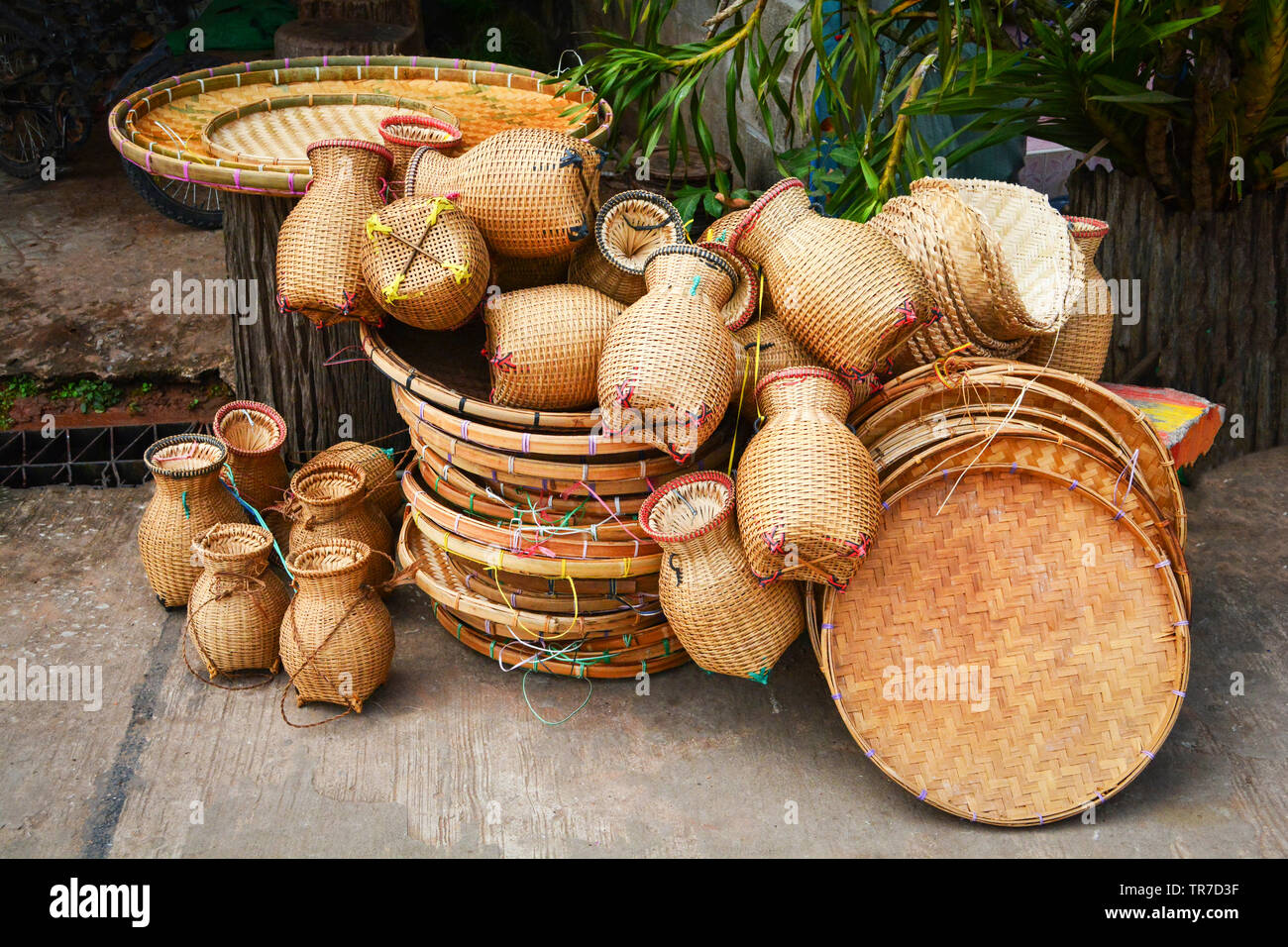 Rattan and bamboo basket handicraft various is threshing basket, fishtrap -  Hand made bamboo weaving container in local asia Stock Photo - Alamy