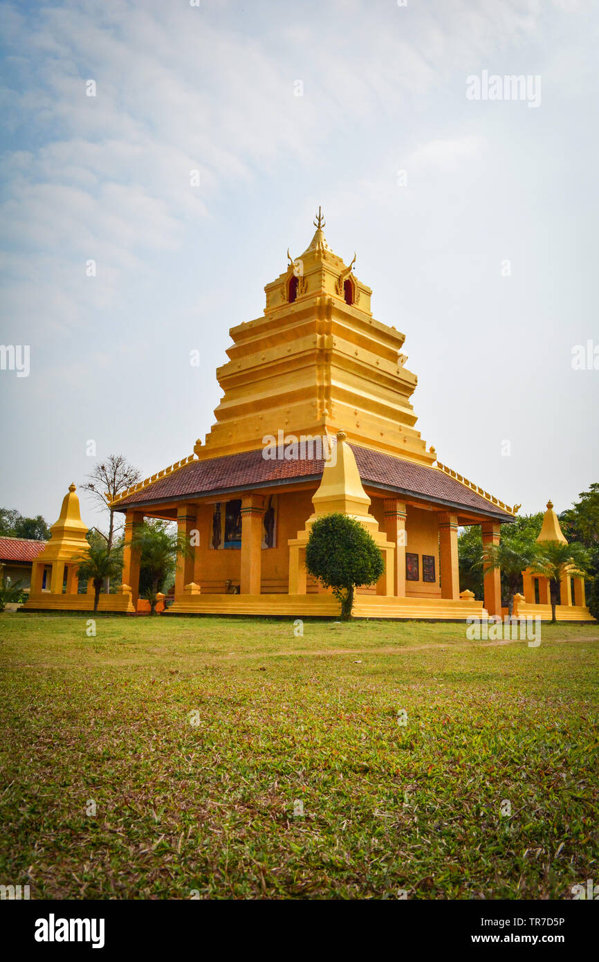 Golden pagoda old temple in Thailand / The story ancient temple of is over 400 years old landmark of buddhist - Wat Sri Pho Chai at Na Haeo Loei Thail Stock Photo