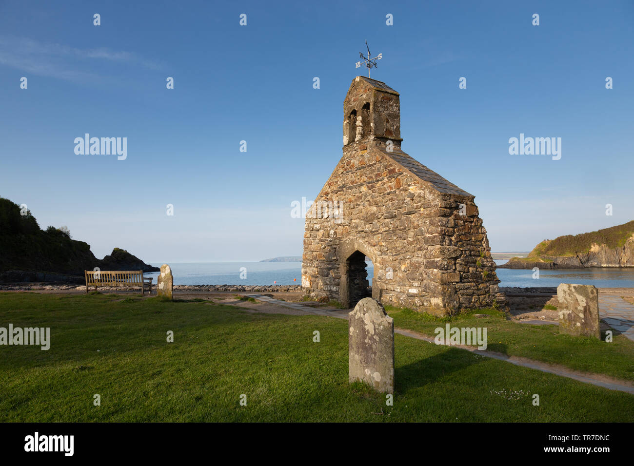 The remaining gable of Cwmyreglwys church, destroyed by storms, Pembrokeshire. Stock Photo