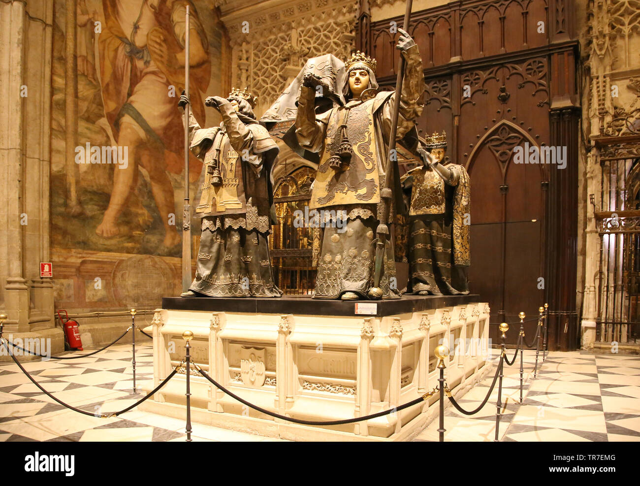 Tomb of Christopher Columbus, 1891. Sculptor: Arturo Melida.Cathedral of Seville. Spain. Stock Photo