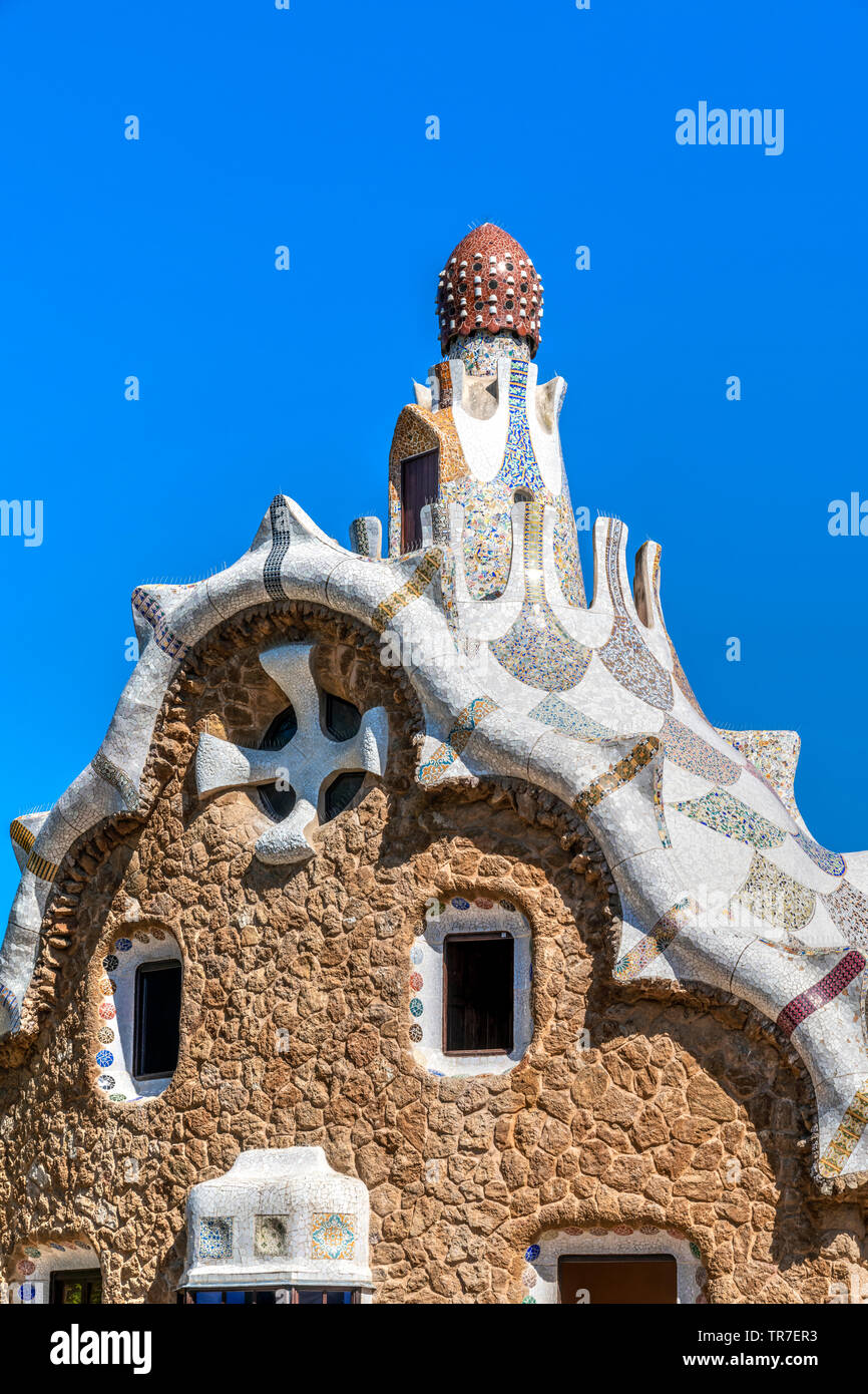 Building at the main entrance of Park Guell, Barcelona, Catalonia, Spain Stock Photo