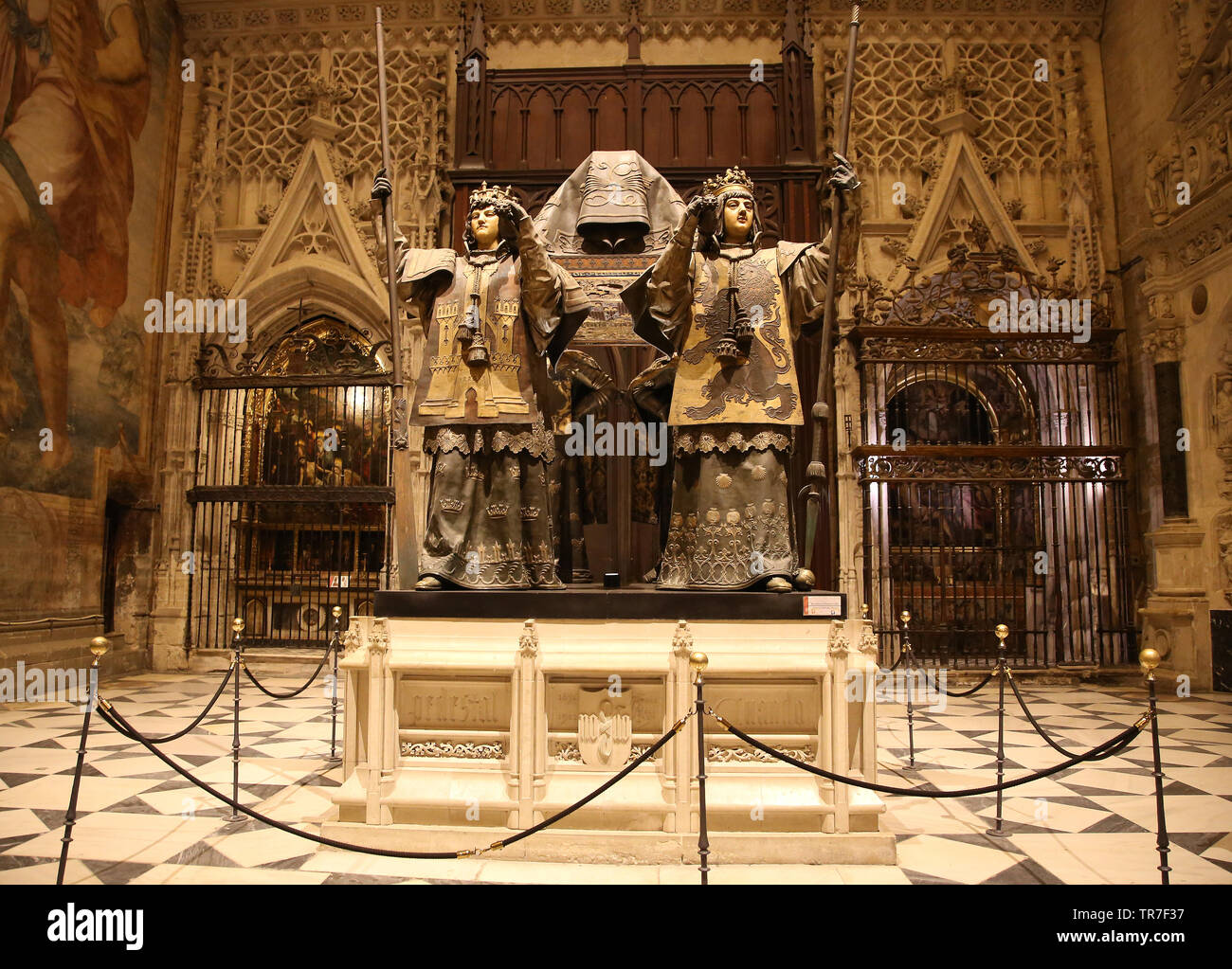 Tomb of Christopher Columbus, 1891. Sculptor: Arturo Melida.Cathedral of Seville. Spain. Stock Photo