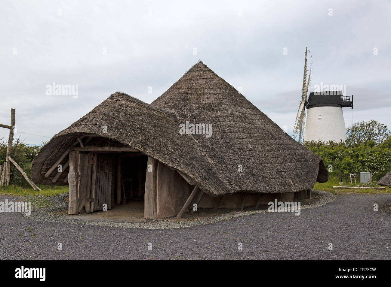 Reproduction Iron Age Roundhouses on the site of Melin Llynnon, or Lynnon Mil in Anglesey,  North Wales. Stock Photo