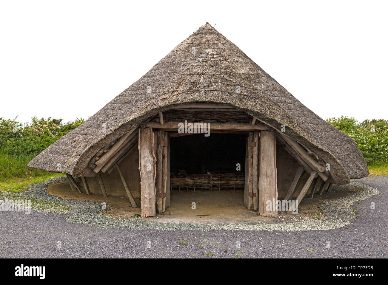Reproduction Iron Age Roundhouses on the site of Melin Llynnon, or Lynnon Mil in Anglesey,  North Wales. Stock Photo