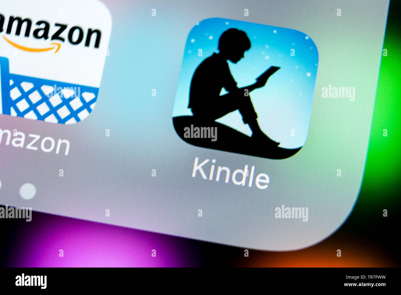 Sankt-Petersburg, Russia, March 22, 2018: Amazon Kindle application icon on Apple iPhone X screen close-up. Amazon Kindle app icon. Amazon kindle appl Stock Photo