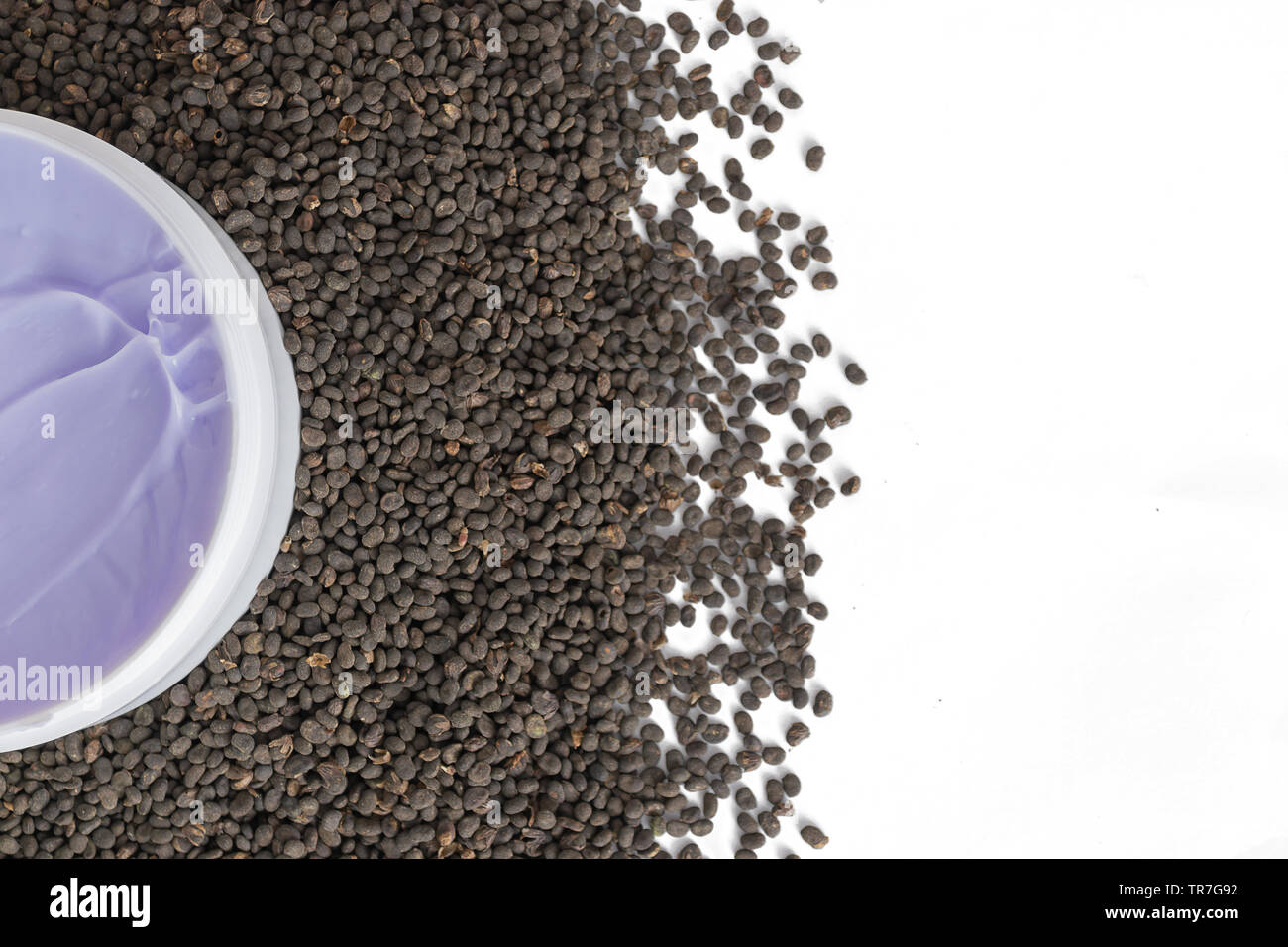 Purple skincare cream in jar with babchi (Psoralea Corylifolia) seed extract on babchi seeds. Copy space, isolated. Bakuchiol - retinol alternative. Stock Photo