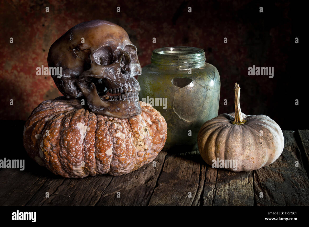 ill Life with Pumpkin and Skull Stock Photo