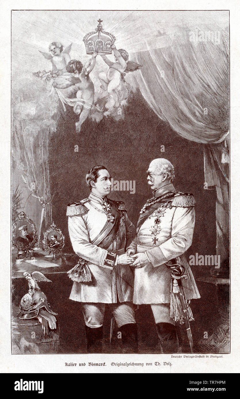 Emperor Wilhelm II and Otto von Bismarck, above three putti with imperial crown. , Th Volz (, ) Stock Photo