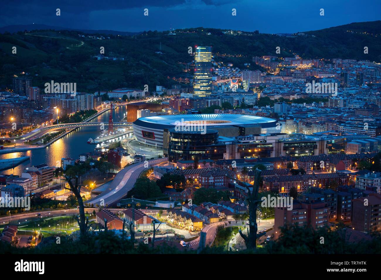 Bilbao, Spain. View from above at night with stadium San Marnes in center Stock Photo