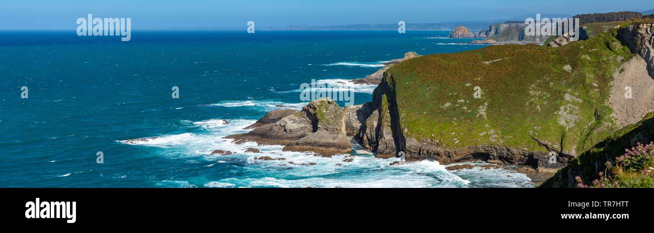 The coastline of the Bay of Biscay at Cape Vidio in the Basque country of Spain is a beautiful mixture of small bays, cliffs, and rocks Stock Photo