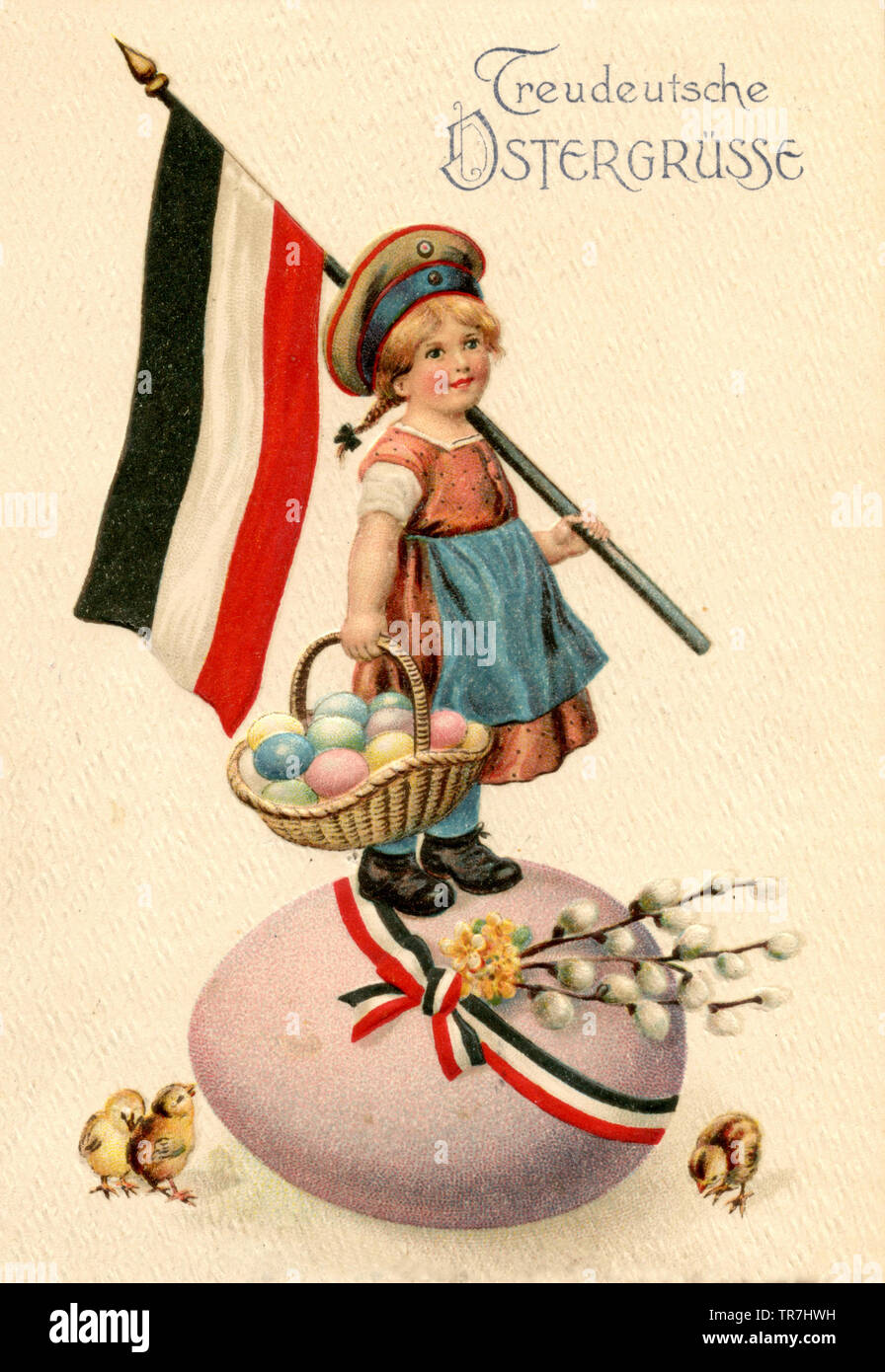 'loyal german Easter greetings' Girl with a rich flag on an Easter