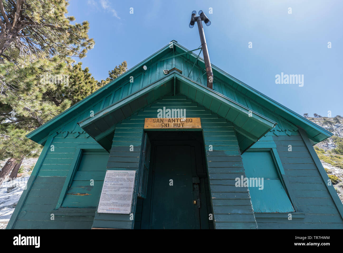 Mt Baldy, California, USA - May 25, 2019:  Front facade of the historic San Antonio Ski Hut near Mt Baldy summit in the San Gabriel Mountains and Ange Stock Photo