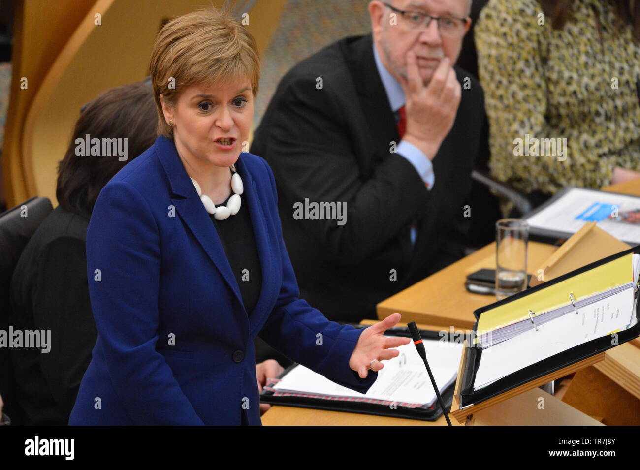 Edinburgh, UK. 30 May 2019. Weekly session of First Ministers Question in the chamber of the Scottish Parliament in Holyrood, Edinburgh. Pictured: Nicola Sturgeon, First Minister and Leader of the Scottish National Party. Colin Fisher/Alamy Live News Stock Photo