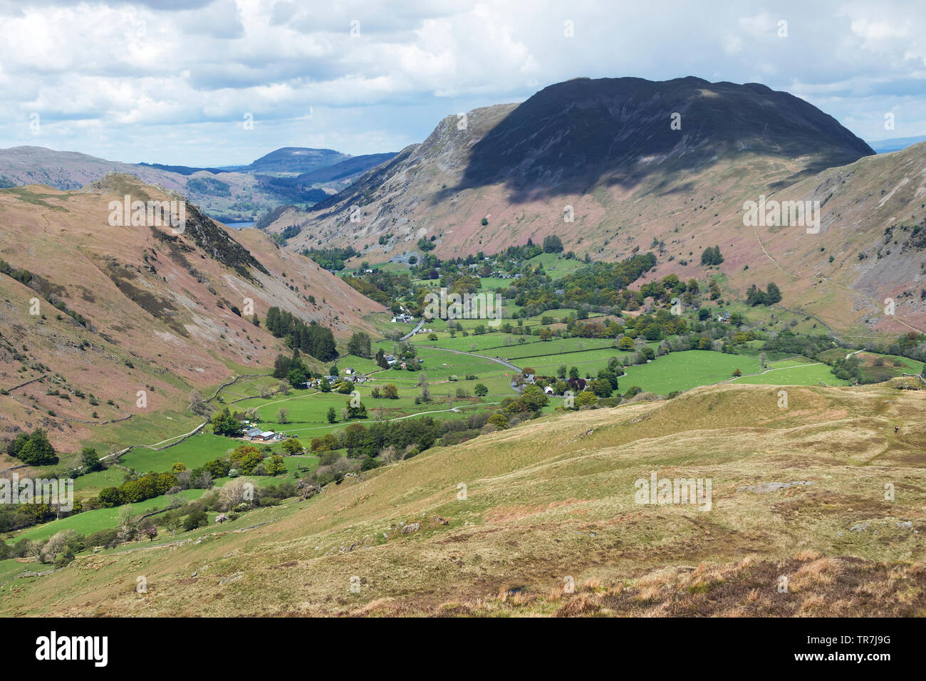 Place Fell and the Confluence of the Deepdale and Patterdale Valleys, Viewed from Gale Crag, Hartsop Above How, Lake District, Cumbria, UK Stock Photo