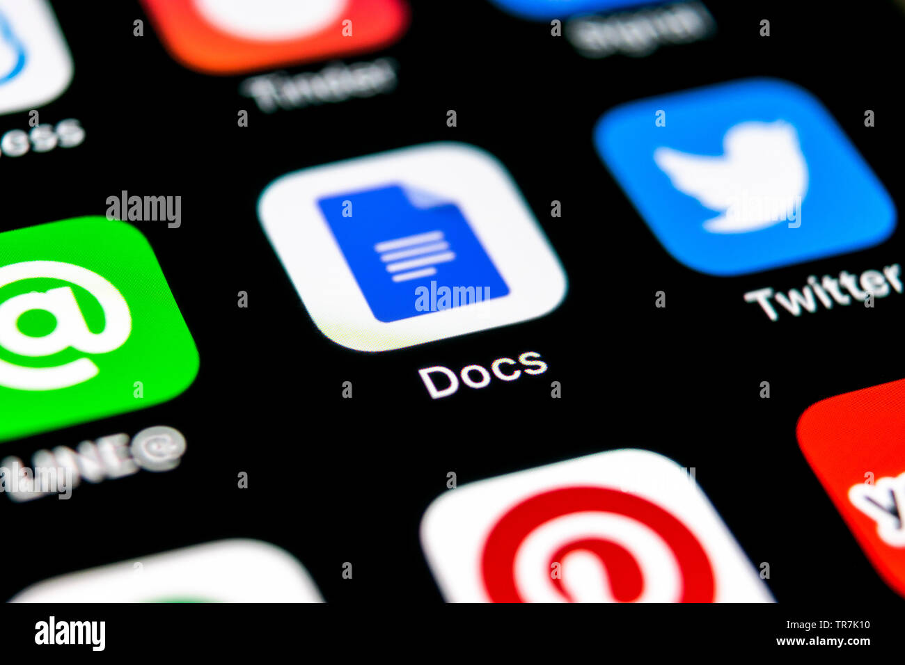 Sankt-Petersburg, Russia, September 30, 2018: Google Docs icon on Apple iPhone X smartphone screen close-up. Google docs icon. Social network. Social Stock Photo