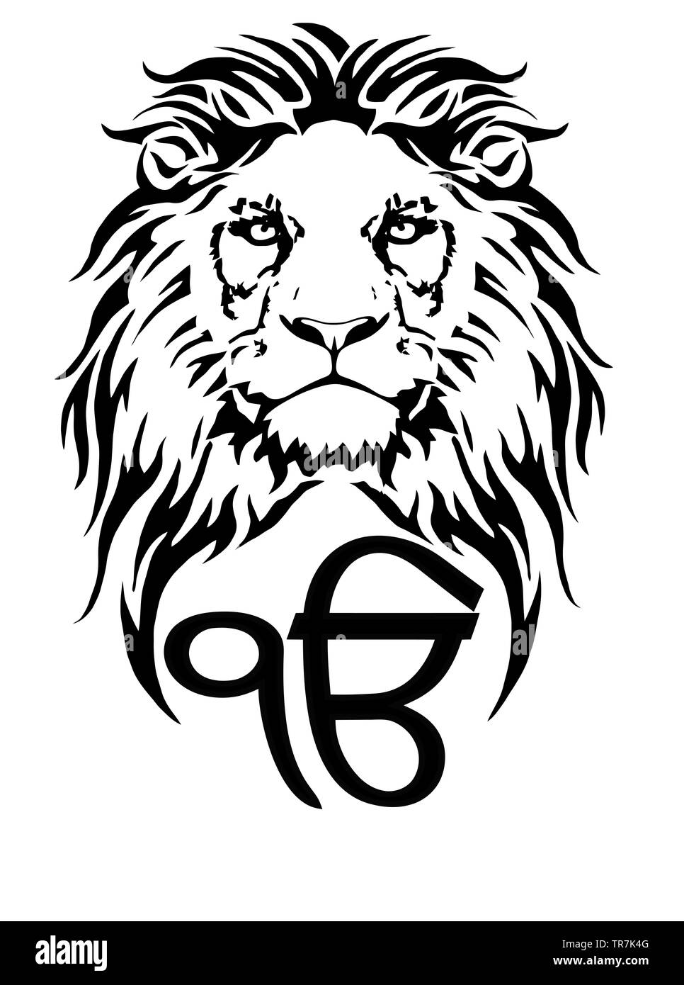 Sign Ek Onkar is the most significant symbol of Sikhism, decorated with a Lion with a long mane, on a white background, isolated, drawing for tattoo Stock Photo